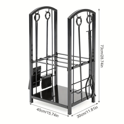 5pcs Indoor Outdoor Wrought Iron Firewood Log Storage Rack Holder Firepit Tools Set for Fireplace, Fire Pit, Stove W/Hook, Broom, Shovel, Tongs
