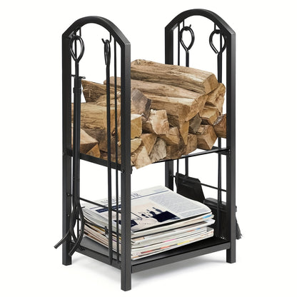 5pcs Indoor Outdoor Wrought Iron Firewood Log Storage Rack Holder Firepit Tools Set for Fireplace, Fire Pit, Stove W/Hook, Broom, Shovel, Tongs