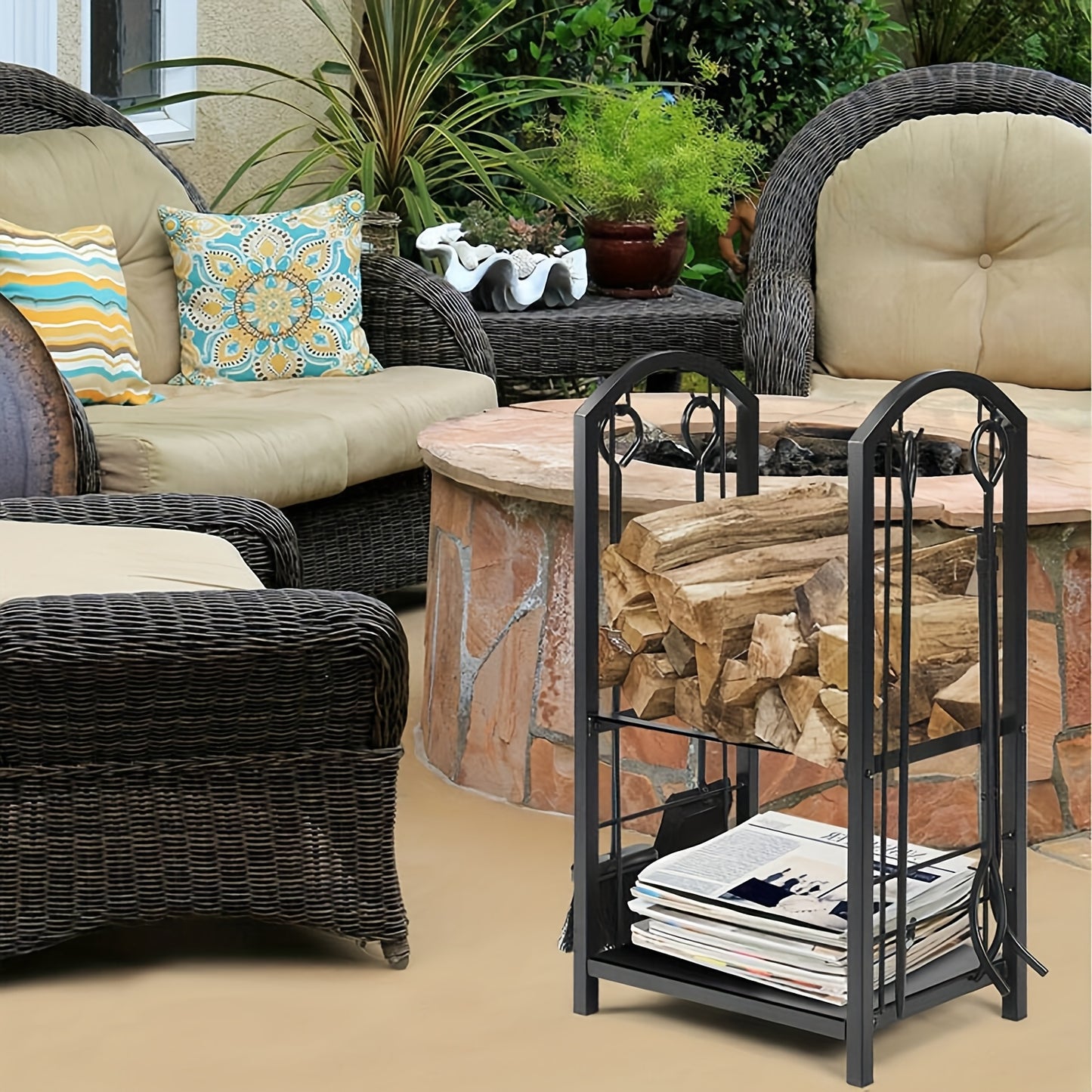 5pcs Indoor Outdoor Wrought Iron Firewood Log Storage Rack Holder Firepit Tools Set for Fireplace, Fire Pit, Stove W/Hook, Broom, Shovel, Tongs