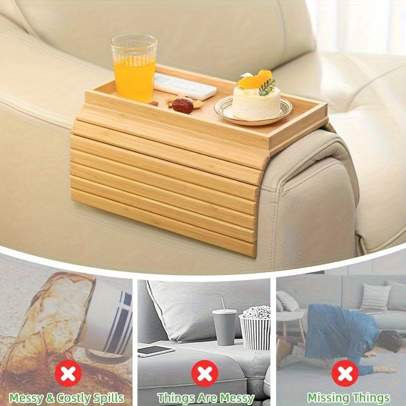 Bamboo Armrest Tray designed to hold drinks and snacks, perfect for preventing spills and keeping items organized
