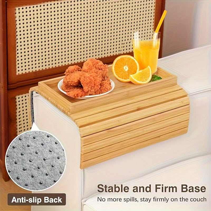 Bamboo Armrest Tray with anti-slip back, perfect for holding snacks and drinks on the couch