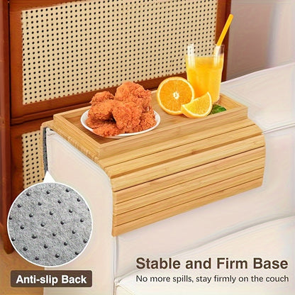 Bamboo Armrest Tray with anti-slip back, perfect for holding snacks and drinks on the couch