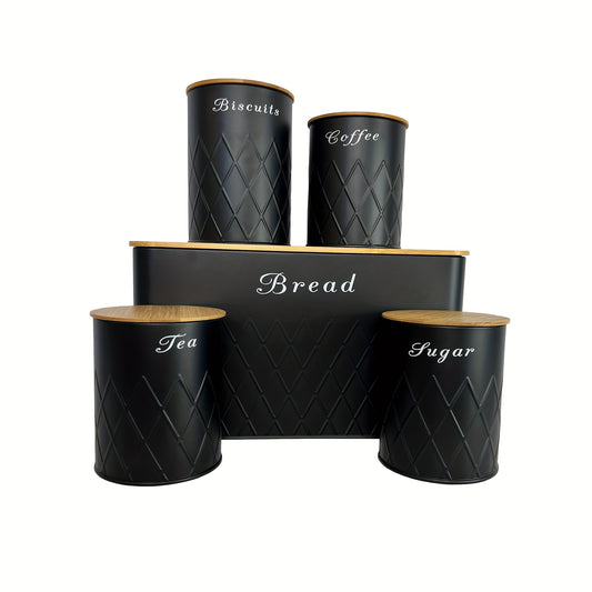 Nutshell bamboo lid kitchen canister 5pcs set in black with elegant labels for tea, coffee, sugar, biscuits, and bread
