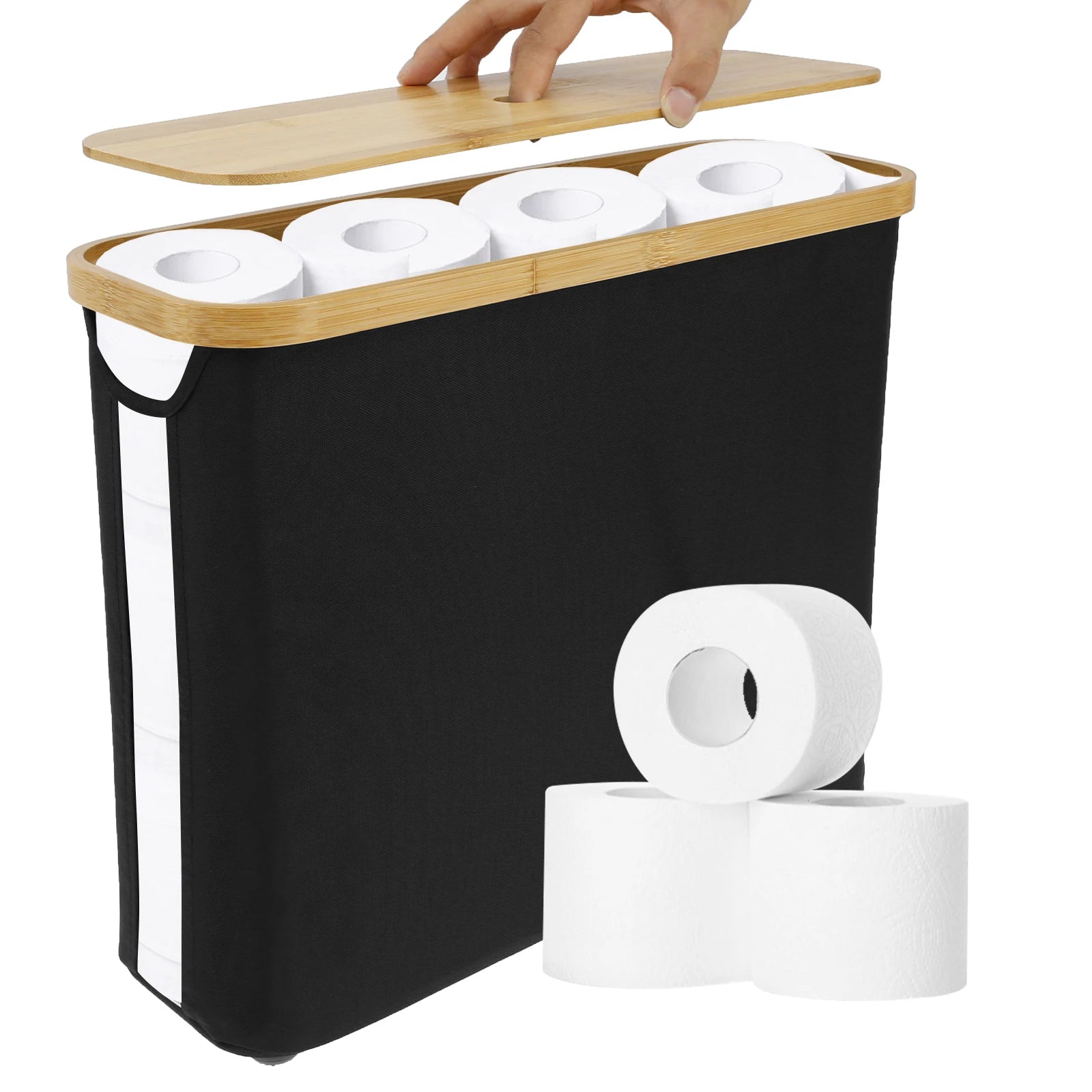 Nutshell Bamboo Toilet Paper Holder with a sleek black fabric design and bamboo lid for stylish storage
