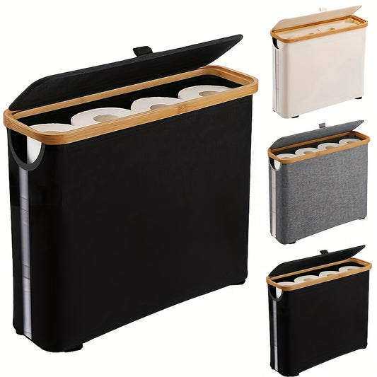 Nutshell bamboo toilet paper holder in black with a sleek design for organized bathroom storage