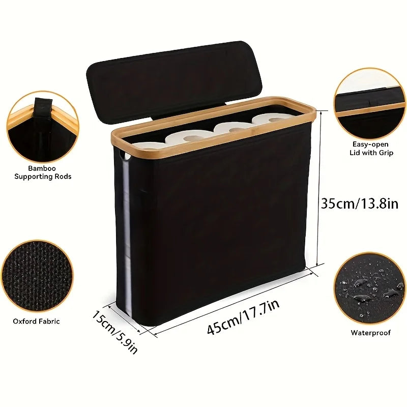 Nutshell bamboo toilet paper holder bathroom organizer with waterproof fabric and easy-open lid
