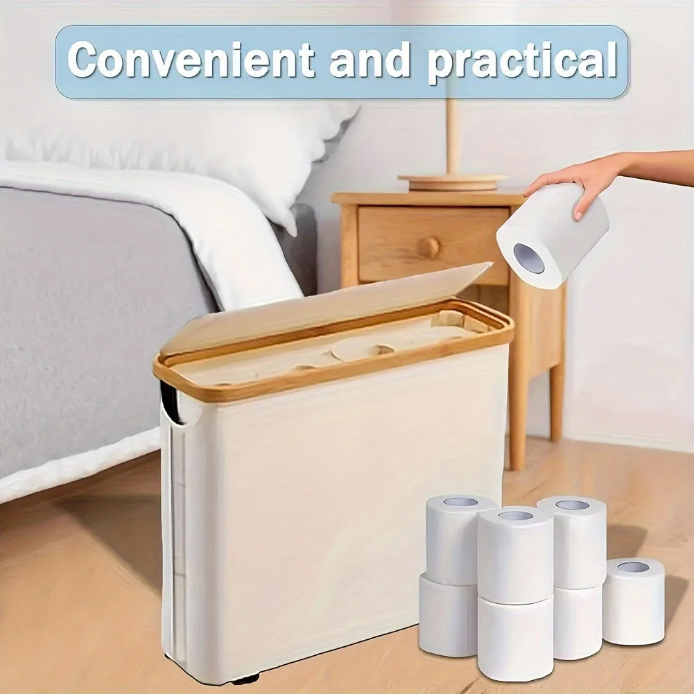 Bamboo toilet paper holder bathroom organiser by Nutshell with storage and easy access to rolls