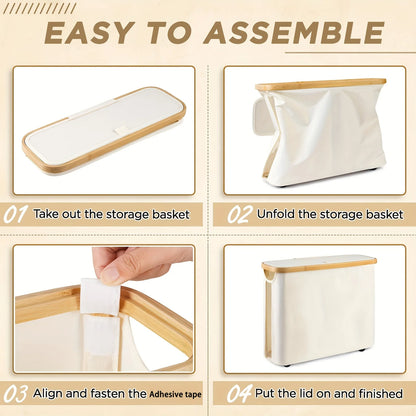 Nutshell bamboo toilet paper holder bathroom organiser easy to assemble with foldable storage basket and adhesive tape