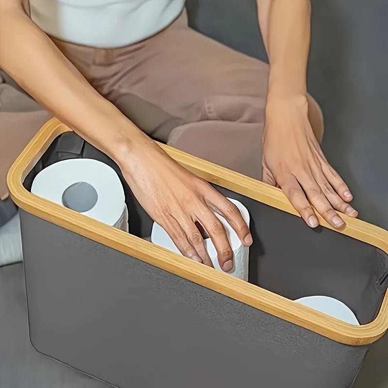 Nutshell bamboo toilet paper holder with spacious design holding multiple rolls for bathroom organization