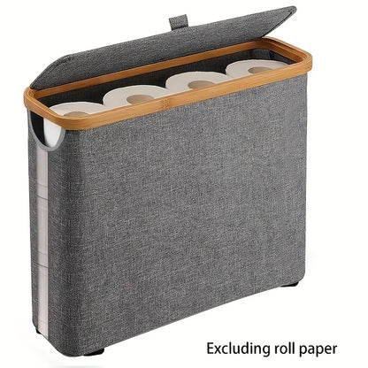 Nutshell bathroom organiser with fabric cover and bamboo toilet paper holder frame for multiple rolls
