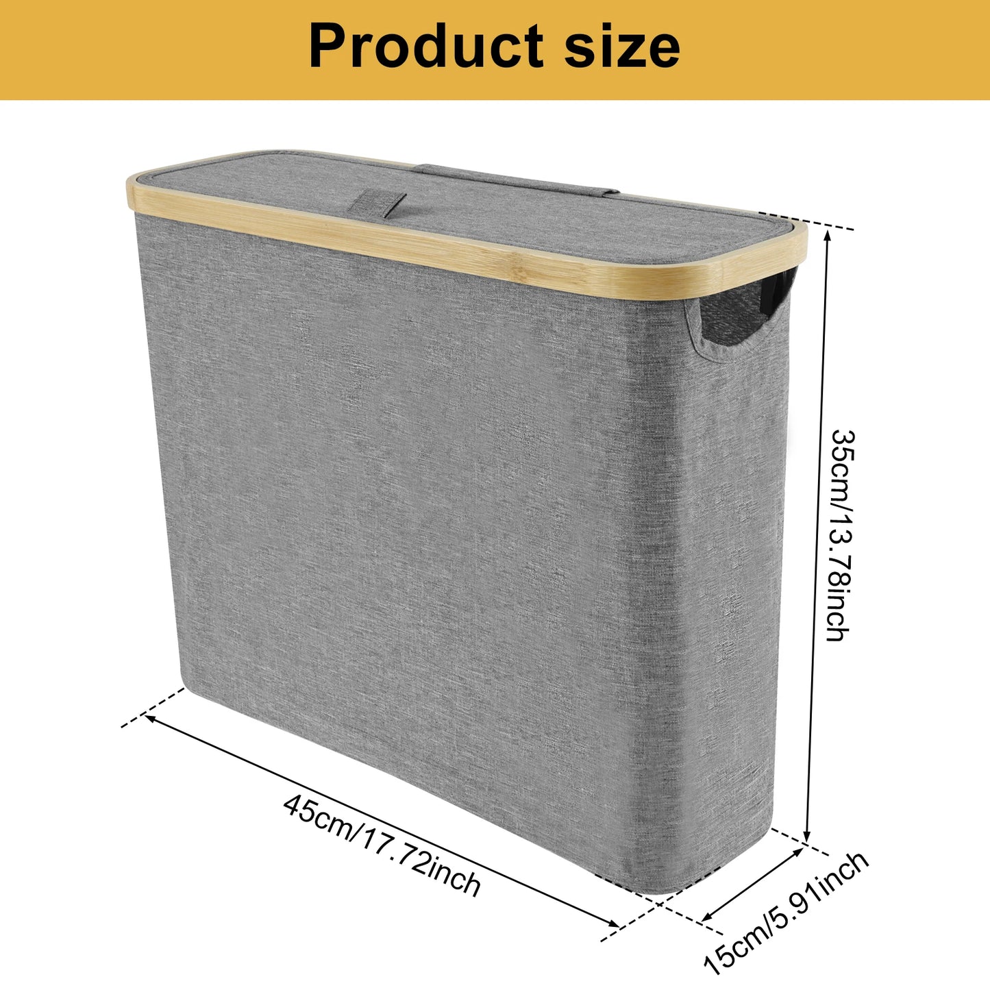Bamboo Toilet Paper Holder with a sleek gray design, showcasing product dimensions for easy fit