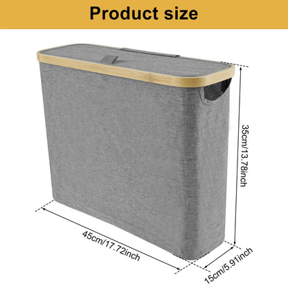 Bamboo Toilet Paper Holder with a sleek gray design, showcasing product dimensions for easy fit