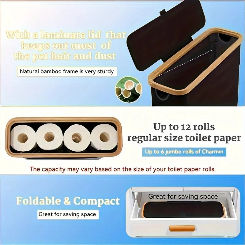 Nutshell bamboo toilet paper holder with natural bamboo frame stores up to 12 rolls and features a dust-proof laminate lid