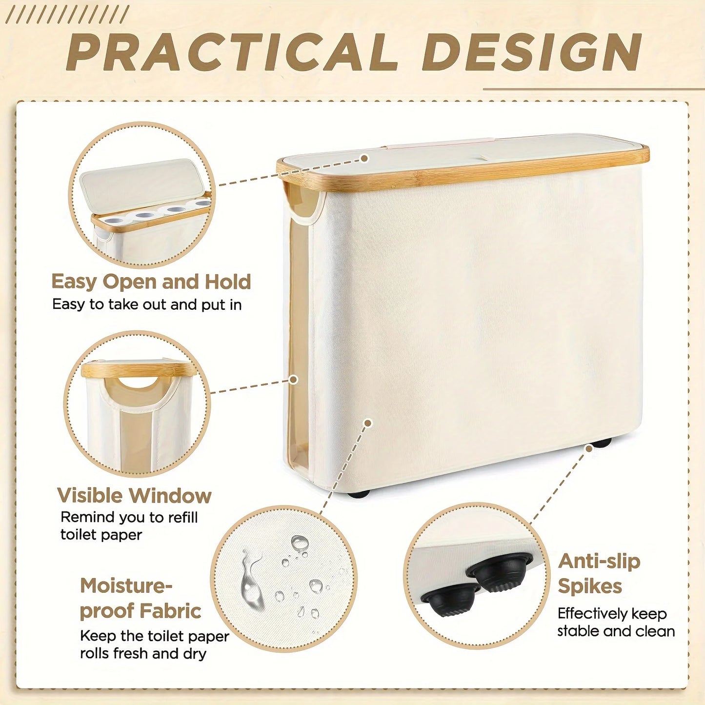 Nutshell bamboo toilet paper holder with easy open lid visible window moisture-proof fabric and anti-slip spikes