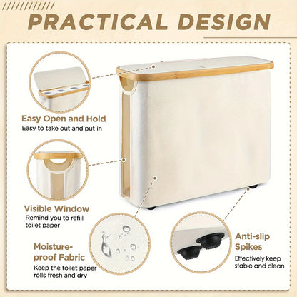 Nutshell bamboo toilet paper holder with easy open lid visible window moisture-proof fabric and anti-slip spikes