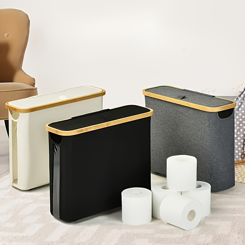 Bamboo toilet paper holder in white, black, and gray colors for stylish bathroom storage