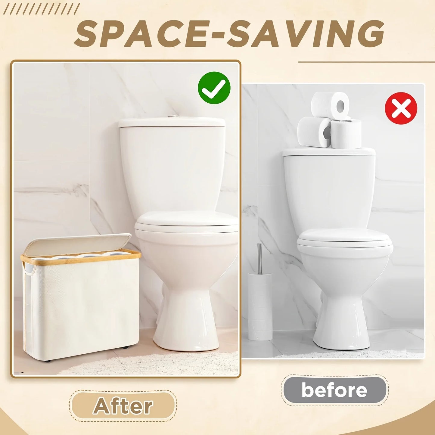 Nutshell bamboo toilet paper holder bathroom organizer showing space-saving design next to toilet