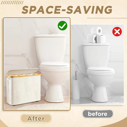 Nutshell bamboo toilet paper holder bathroom organizer showing space-saving design next to toilet