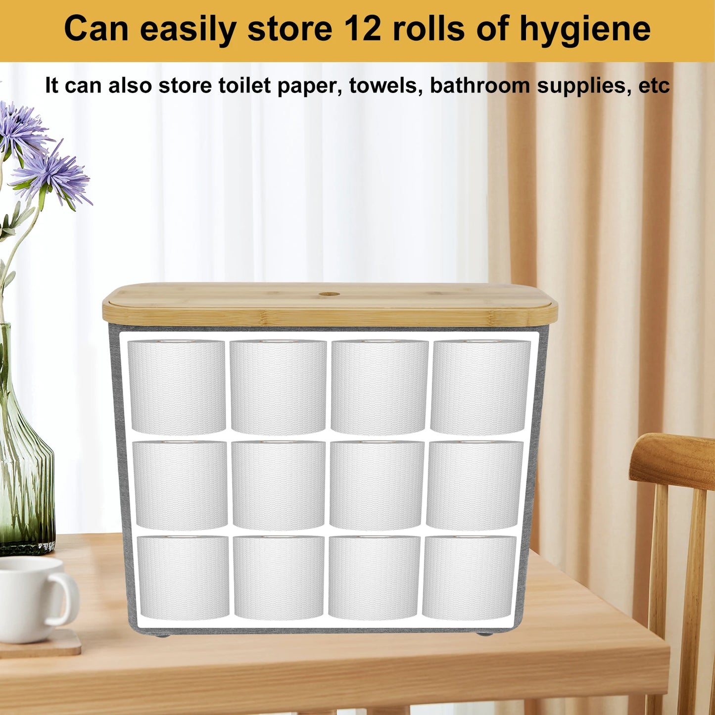 Bamboo Toilet Paper Holder with storage for 12 rolls and bathroom supplies in a stylish design