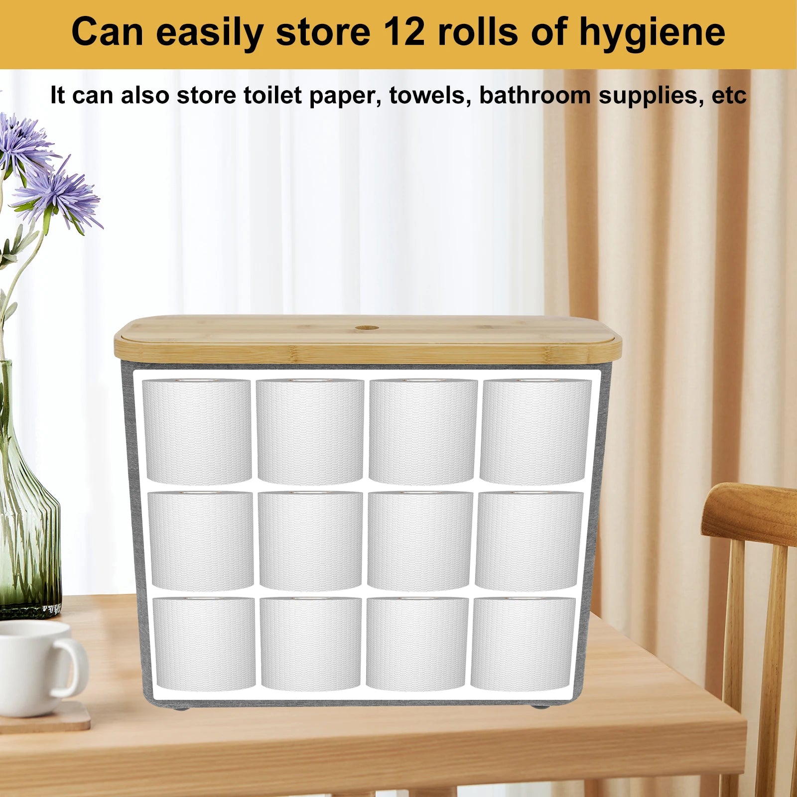Bamboo Toilet Paper Holder with storage for 12 rolls and bathroom supplies in a stylish design