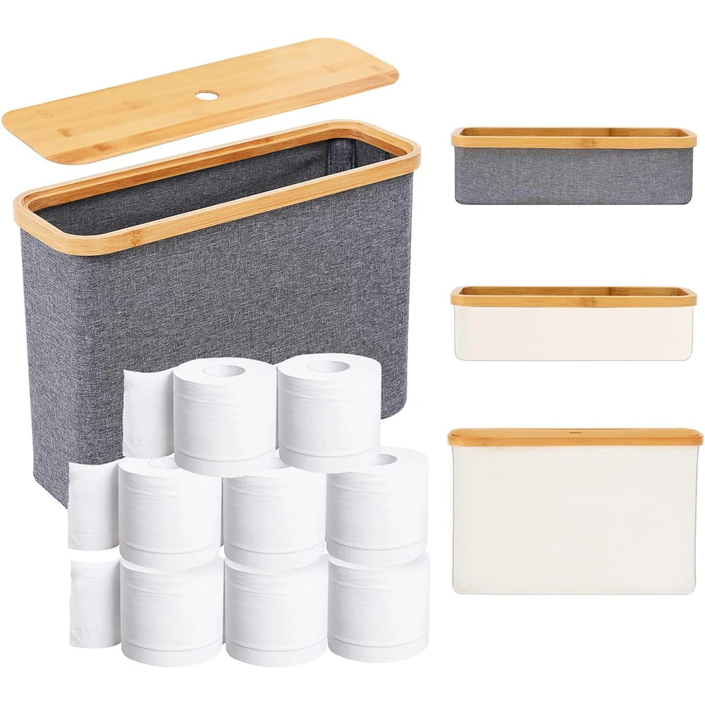 Bamboo Toilet Paper Holder with fabric storage for organizing rolls in bathroom décor