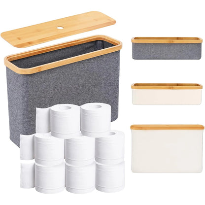 Bamboo Toilet Paper Holder with fabric storage for organizing rolls in bathroom décor
