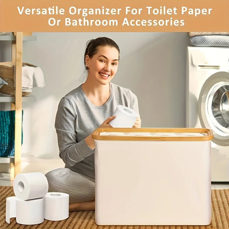 Nutshell bamboo toilet paper holder and bathroom organizer with storage box holding multiple rolls of toilet paper