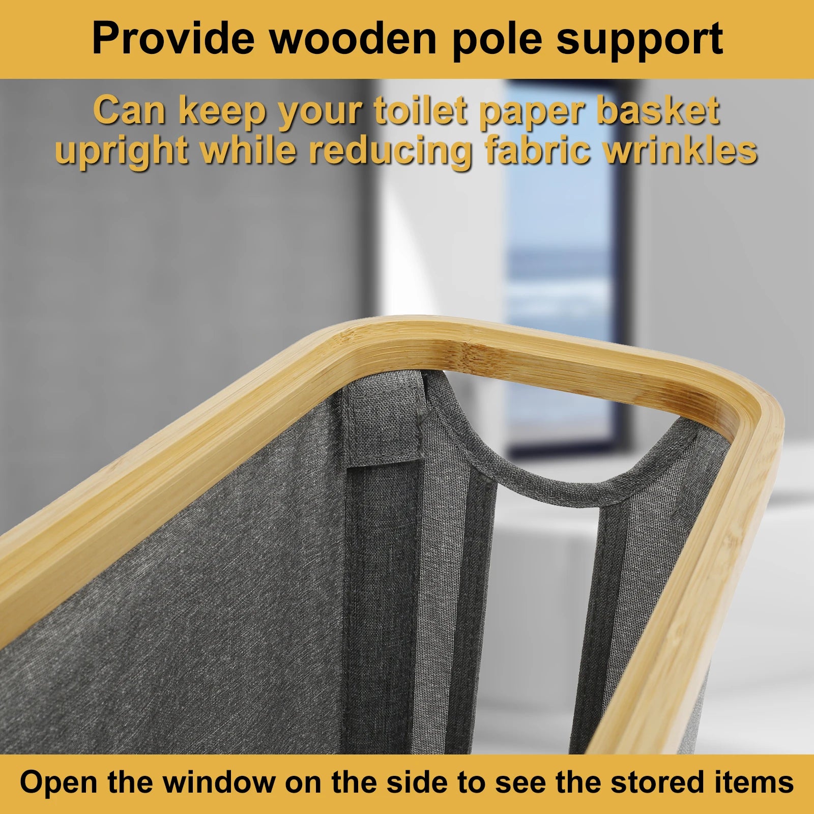 Bamboo Toilet Paper Holder providing sturdy support for a toilet paper basket, reducing fabric wrinkles