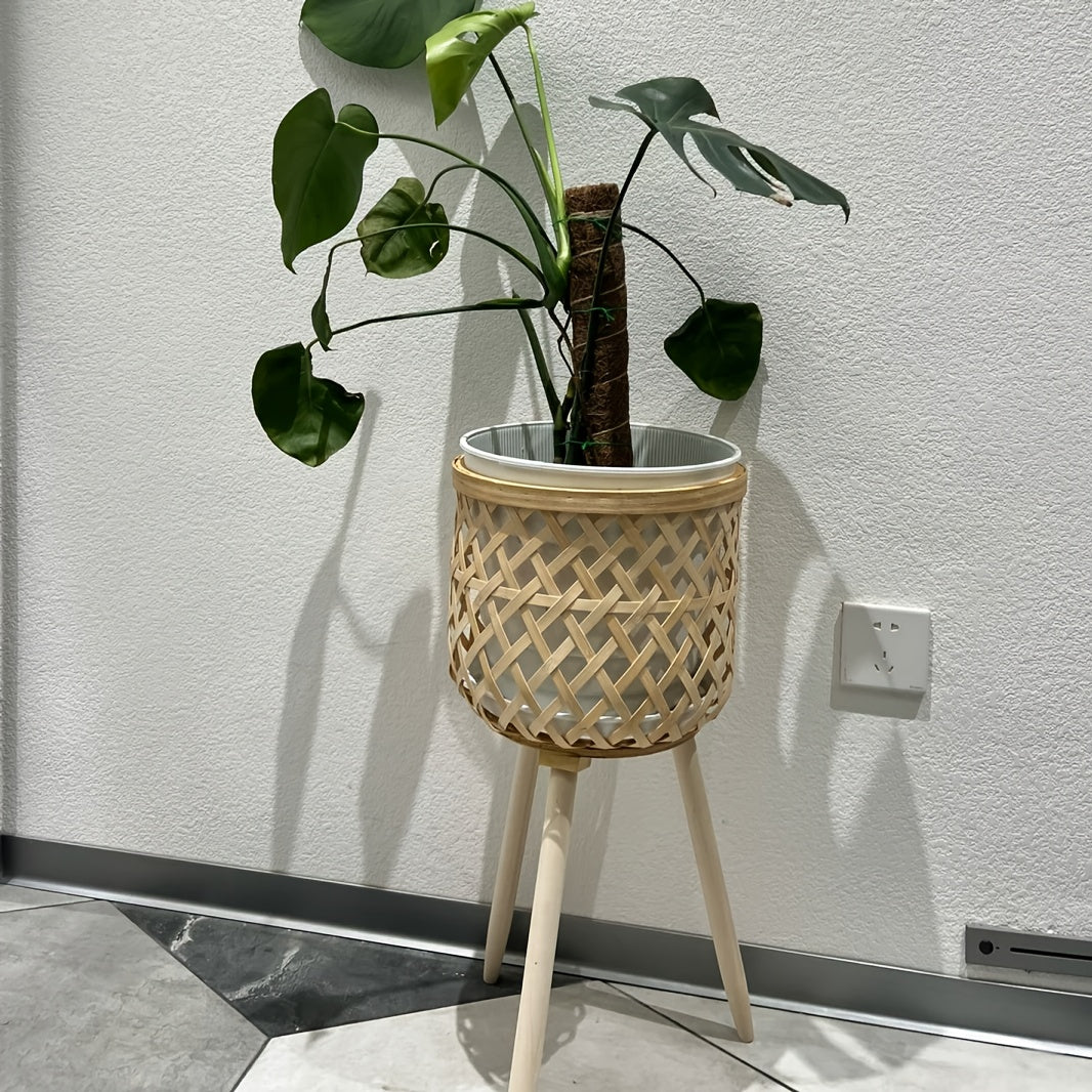 Bamboo Woven Flower Stand with legs showcasing a potted plant for stylish home decor
