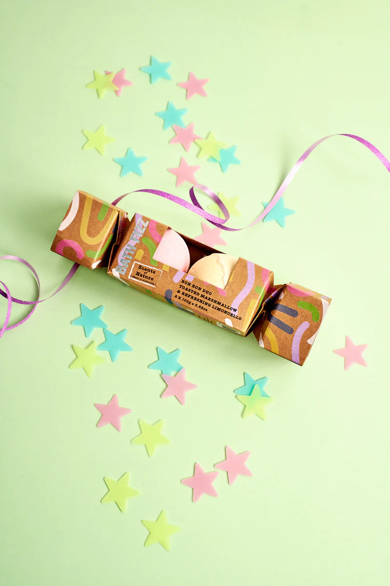 Colorful Nutshell Bath Fizz Bon Bon Gift Pack with Decorative Wrapping and Star Confetti