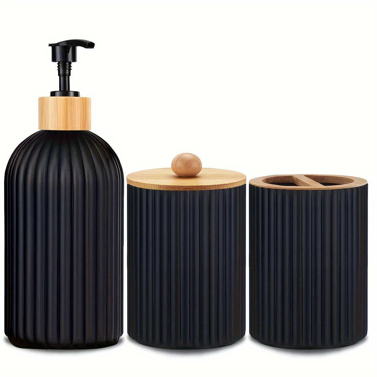 Nutshell Bathroom Dispenser Set with Black Ribbed Design and Bamboo Accents for Elegant Decor