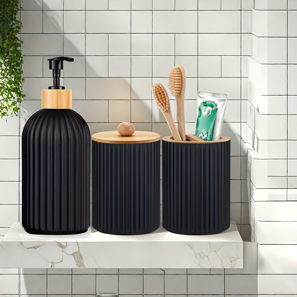 Nutshell Bathroom Dispenser Set with black ribbed design and bamboo accent for a modern look