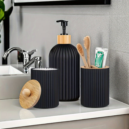 Nutshell Bathroom Dispenser Set in Black with Bamboo Accents for Modern Bathrooms