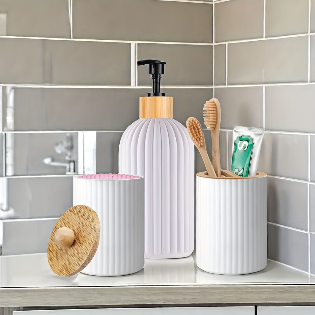 Nutshell Bathroom Dispenser Set featuring sleek design with bamboo accents and organized storage for toiletries
