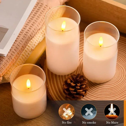 Nutshell battery operated flameless candles with realistic flickering flames in glass holders on wooden surface