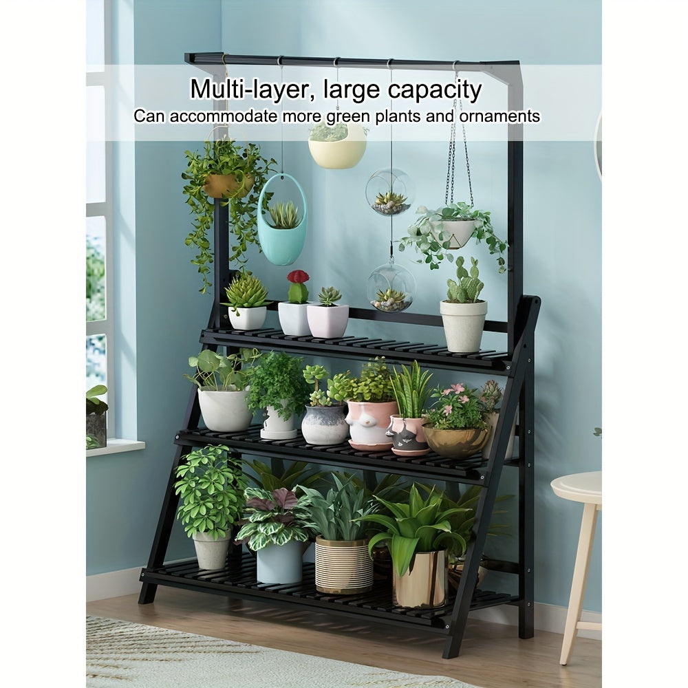 Black 3 Tier Wooden Pot Plant Stand Storage Rack showcasing multiple plants and hanging planters