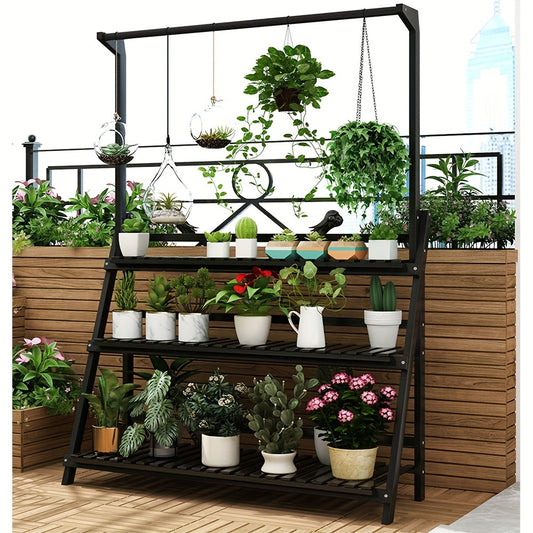 Black 3 Tier Wooden Pot Plant Stand Storage Rack displaying various potted plants in an outdoor garden setting