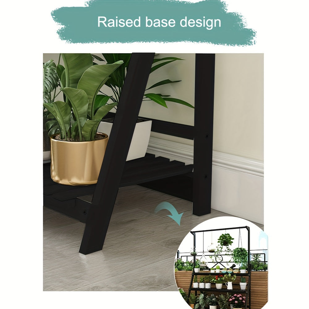 Black 3 Tier Wooden Pot Plant Stand Storage Rack with raised base design for optimal plant display