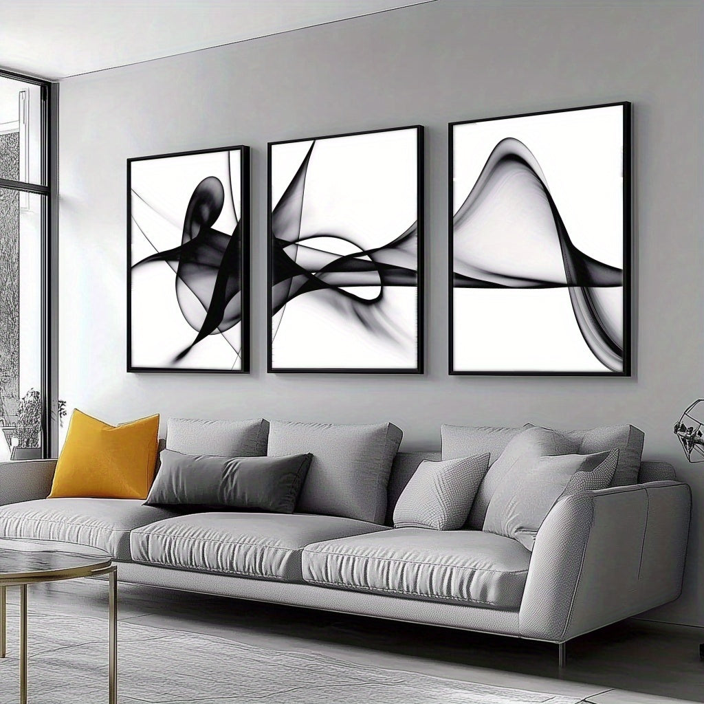 Nutshell black and white abstract wall art displayed in a modern living room setting