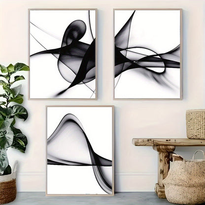 Three framed black and white abstract wall art pieces showcasing fluid lines and shapes