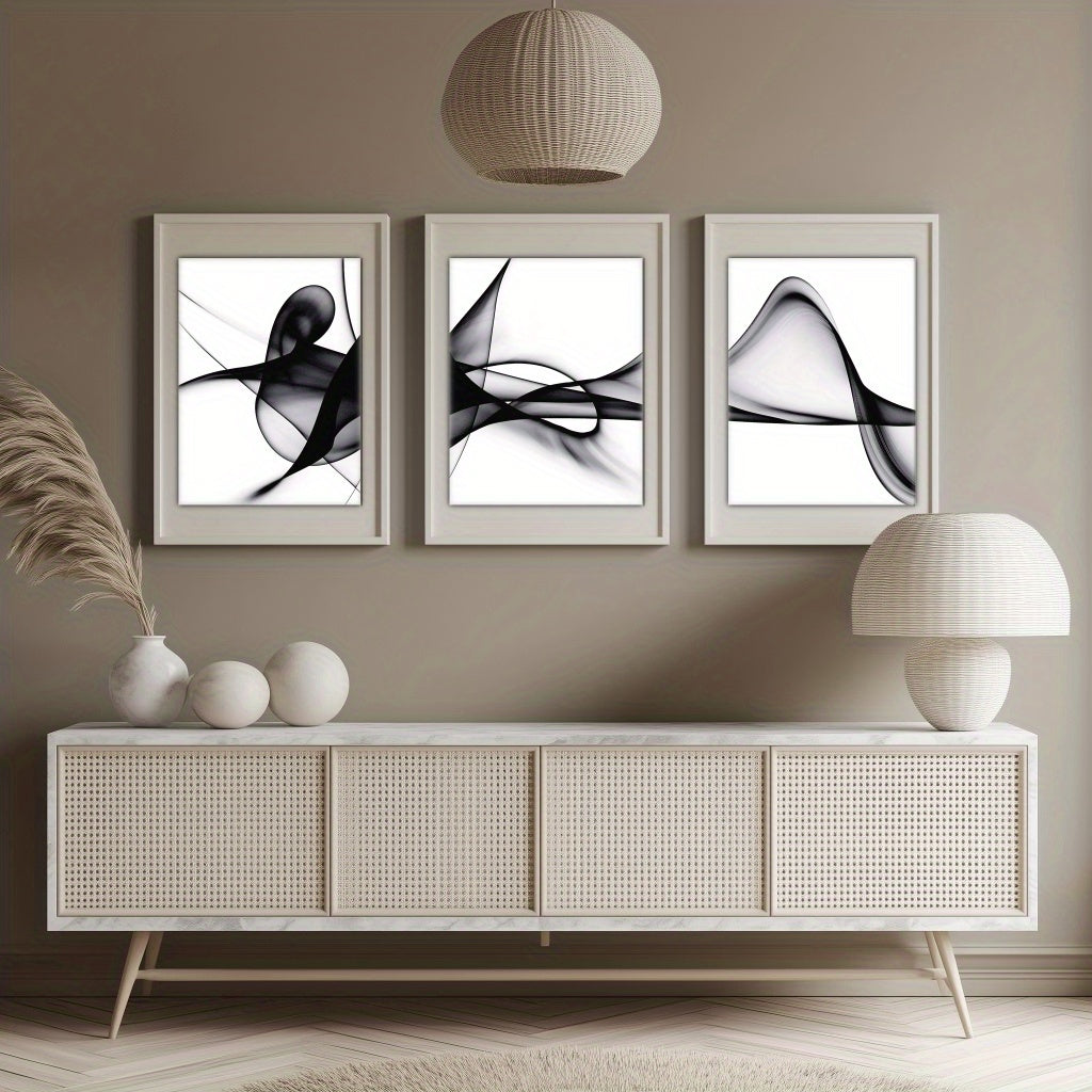 Nutshell black and white abstract wall art displayed in a modern living room with neutral decor