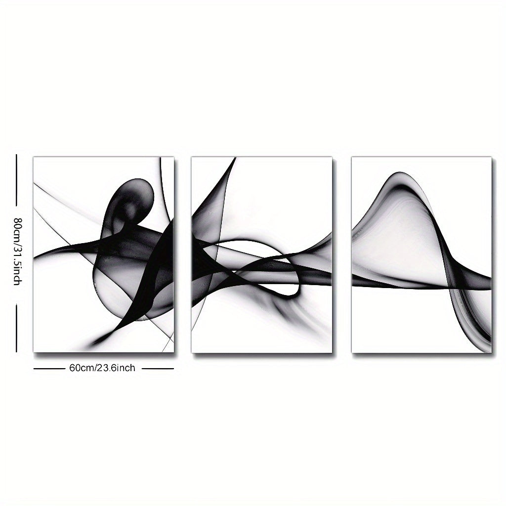 Three-panel black and white abstract wall art featuring fluid lines and shapes for modern decor