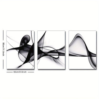 Three-panel black and white abstract wall art featuring fluid lines and shapes for modern decor