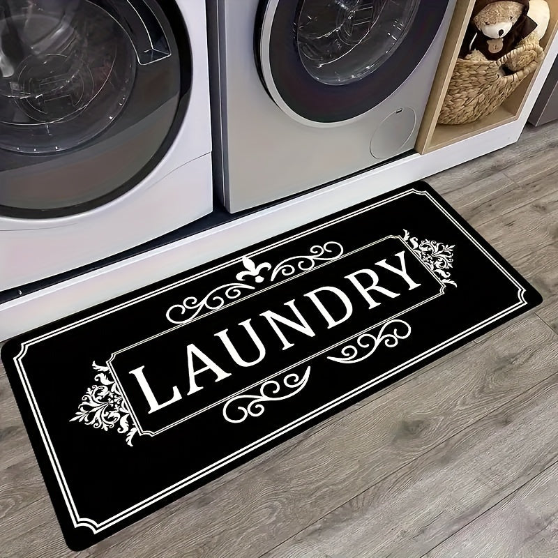 Elegant black laundry floor mat with bold 'LAUNDRY' lettering and decorative design for stylish organization