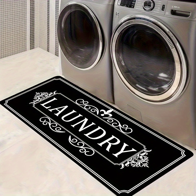 Black laundry floor mat with elegant design, perfect for modern laundry rooms