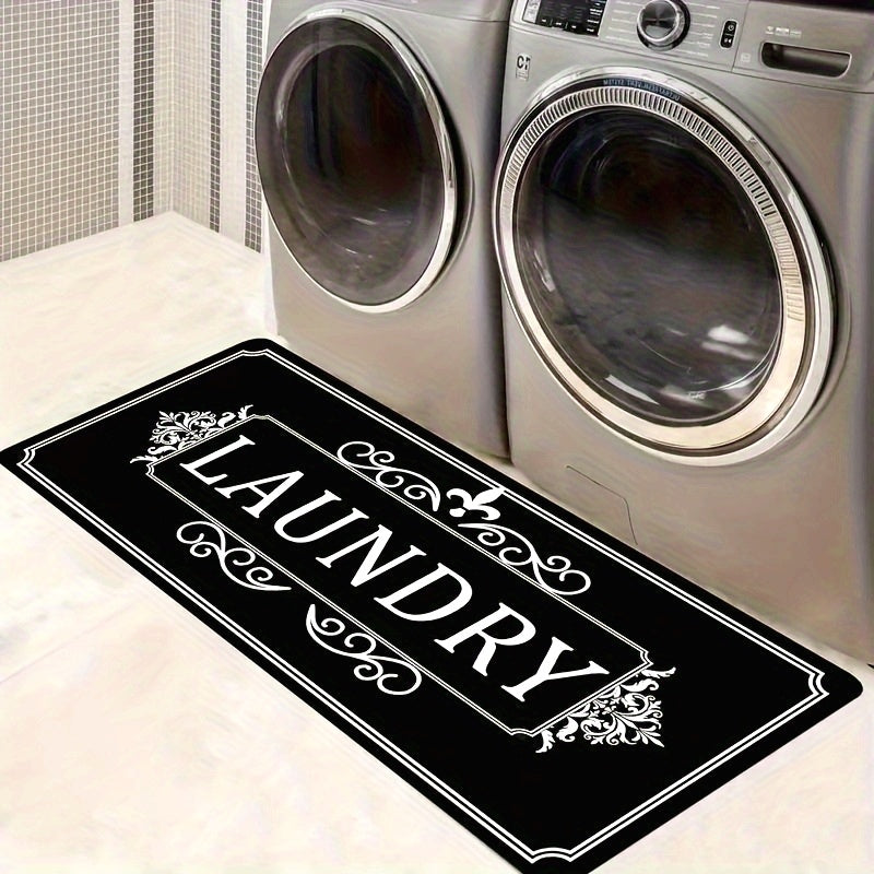 Black laundry floor mat with elegant design featuring the word 'LAUNDRY' for stylish home decor