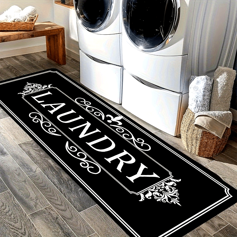 Nutshell black laundry floor mat with decorative 'LAUNDRY' text for stylish home use