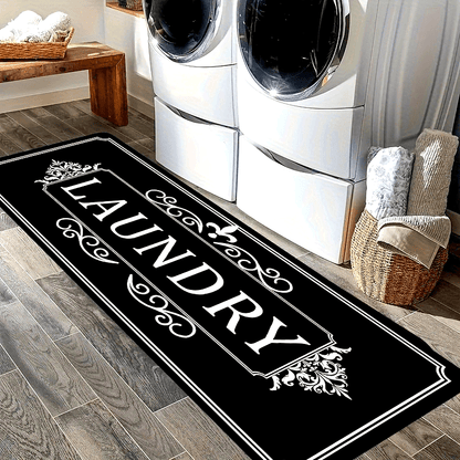 Nutshell black laundry floor mat with decorative 'LAUNDRY' text for stylish home use