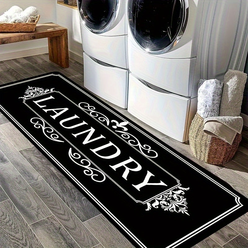 Elegant black laundry floor mat featuring stylish 'LAUNDRY' design for a chic laundry room