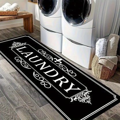 Elegant black laundry floor mat featuring stylish 'LAUNDRY' design for a chic laundry room